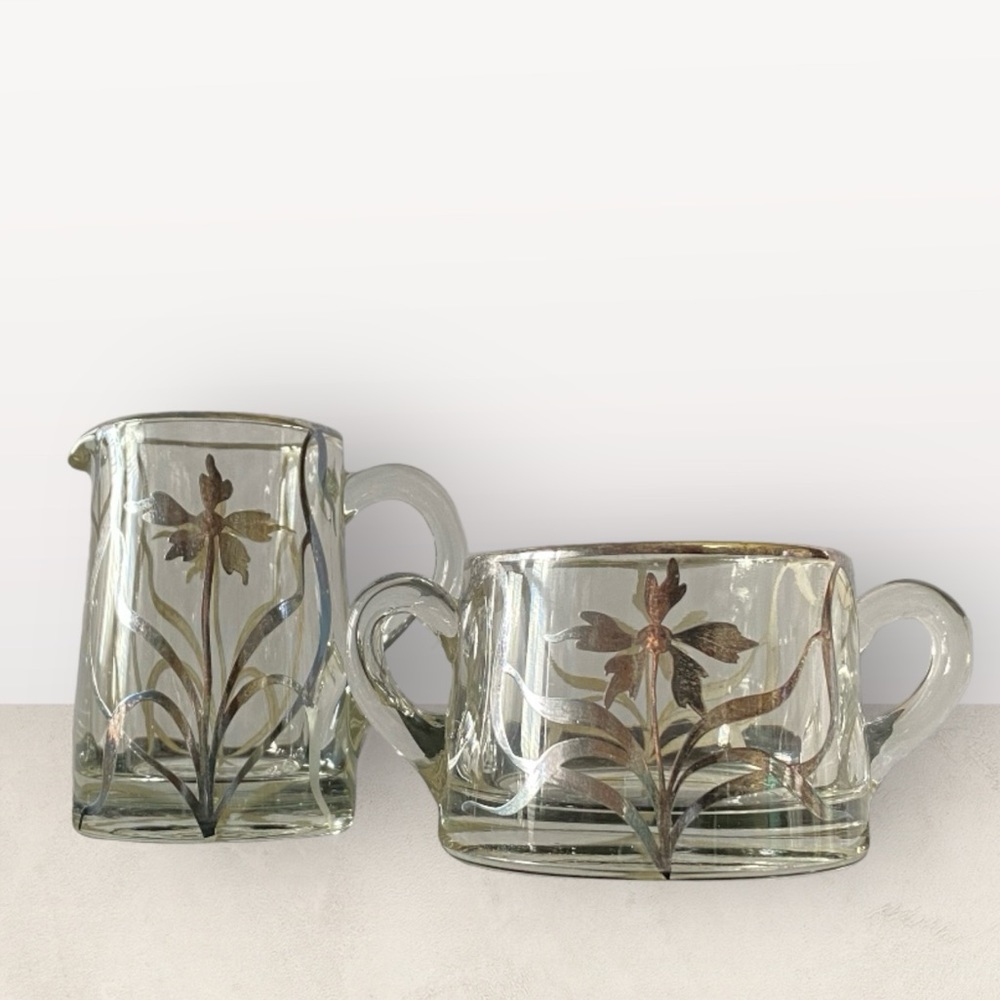 Antique Sugar & Open Creamer with Hand Painted Silver Overlay